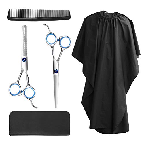 TIMESETL 5 Pcs Hair Cutting Shears Professional Barber Scissors Set with Thinning Shears, Black Salon Nylon Cape and Leather Case