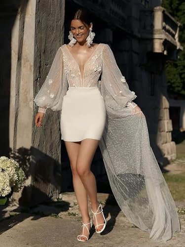 RYANTH Long Sleeves Mermaid Short Wedding Dresses with Applique V Neck Beach Bridal Gowns Satin Garden Reception Dress BW0182