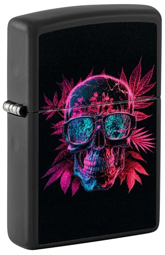 Image of Zippo Windproof Lighter - Cannabis Skull, Black Matte, Black Light - Refillable - Reusable - Windproof Design - Gift Box - Made in USA