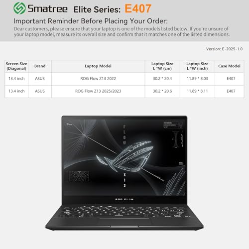 Image of Smatree Laptop Sleeve for 13.4 inch ASUS ROG Flow Z13 2023 GZ301 /2025,for 13.4 inch ROG Flow Z13 2022 GZ301,Case with Pocket,YKK Zipper,Patented Shockproof Design(E407)