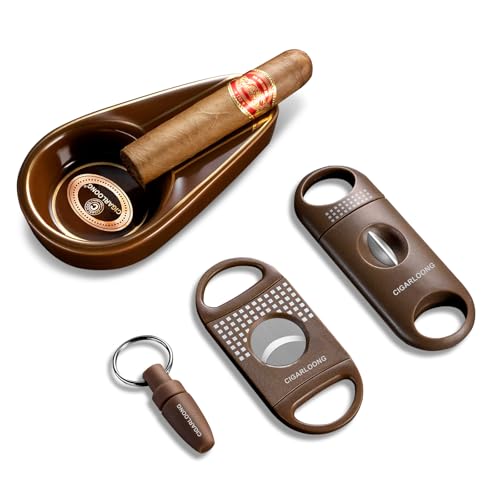 CIGARLOONG Cigar Ashtray and Cigar Cutter Set,Portable Ceramic Ashtray with Cigar Guillotine,Cigar V-Cutter and Cigar Punch,Cigar Accessories Set,Gift for Men (Brown)