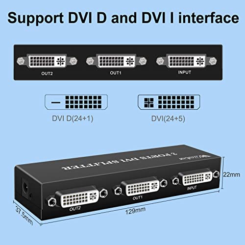 Wiistar DVI Splitter 1 in 2 Out 2 Port DVI Distribution Video Splitter 1x2 Resolution Up to 1080P for PC Laptop DVR Projector HDTV