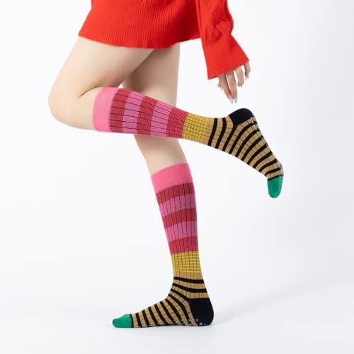 Image of Verdancy Yoga Pilates Socks with Grips for Women Striped Color-Blocked Knee Highs Non Slip Cushioned Over the Calf Socks