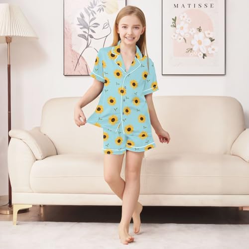 Cute Simple Sunflower Summer Satin Pajama Set, Cute Button-Down Sleepwear Pj Set for Sleep Wears3
