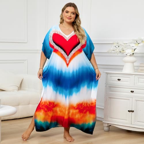 Image of KECVOT Kaftan Dresses for Women V-Neck Print Swimsuit Cover Up Plus Size Beach Caftan Lounge Dress