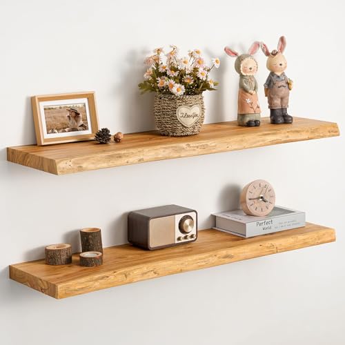Image of 36 inch Live Edge Floating Shelves, Solid Elm Wood Shelf, Set of 2
