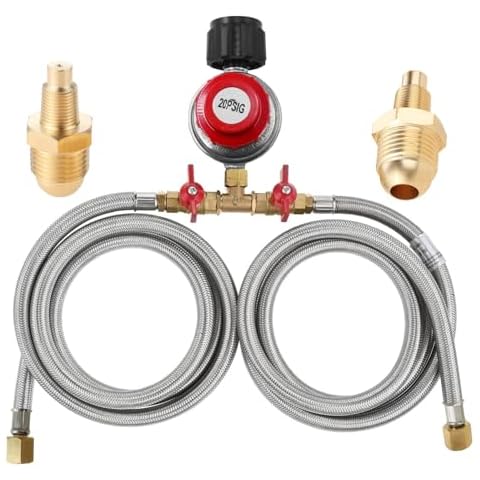 MCAMPAS 0-20 Psi Adjustable Propane Regulator with Hose. 8 Feet Y Splitter Double Braided Hose with 1/8" MNPT Pipe Fitting for Double Propane Outdoor Burner, Turkey Fryer, Cooker Cover