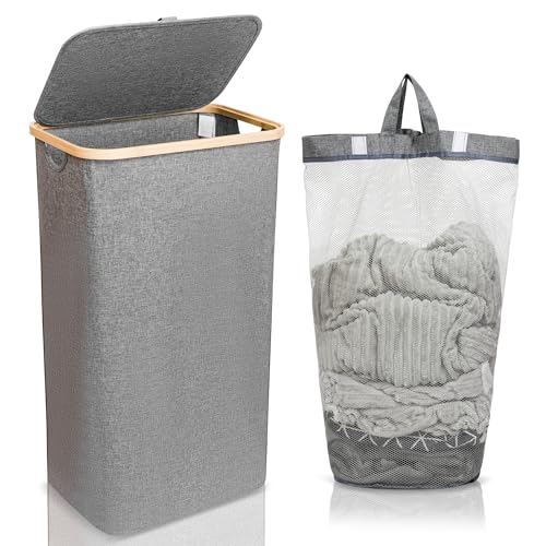 CRAXTER Large Laundry Basket with Lid – 110L Washing Basket for Laundry with Bamboo Handles and Removable Laundry Bag, Foldable Laundry Hamper for Dirty Clothes Slim Laundry Bin Storage Basket (Grey)
