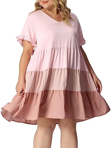 Image of Agnes Orinda Women's Plus Size Babydoll Ruffle Short Sleeve Casual Loose Flowy Swing Hem Chambray V Neck Mini Dress
