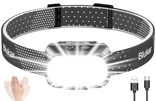 Blukar LED Stirnlampe Wiederaufladbar, Superhell Stufenlos Dimmbar Kopflampe mit 5 Normalmodi & 5 Sensormodi & Rotlicht, Leichtgewichtig Wasserdichte Mini Stirnleuchte, Dunkelgrau