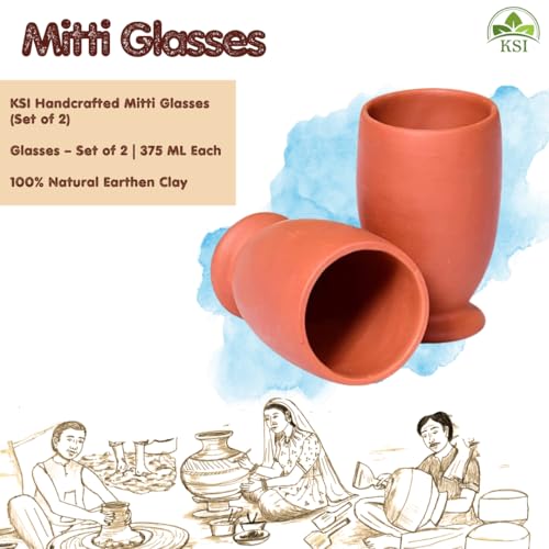 Image of KSI Earthen Clay Water Glass Set of 2 | 375 ml Mitti Drinking Glasses for Water Lassi Milk Coffee | Traditional Terracotta Drinkware | Reusable Kitchen Tableware