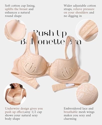 DotVol Women's Lightly Padded Balconette Bra Lace Demi Balcony Push Up Underwired Bralette(Beige#1,34C) - Image 4