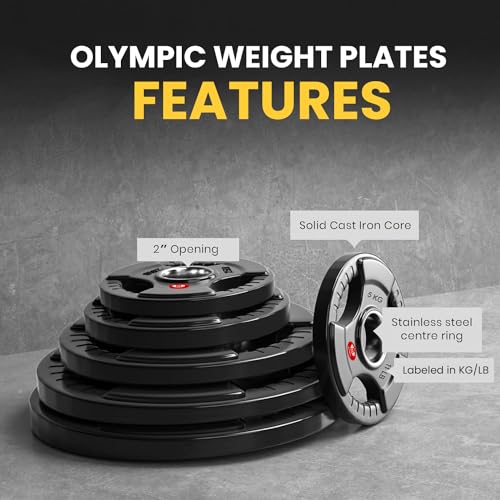 FK Sports Olympic Weight plates Rubber Coated Cast Iron Weights, 2 Inch opening, 2.5kg, 5kg, 10kg, 15kg, 20kg, 25kg, Black Tri grip Barbell Plates, Weight Plates for 2" barbell, Sold in Pair (5 kg) - Image 5