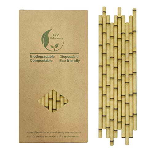 100 Pièces Jaune Bambou Pailles en Papier, 100% Biodégradable Yellow Bamboo Printed Pailles Jetables pour Cocktail, Café, Jus