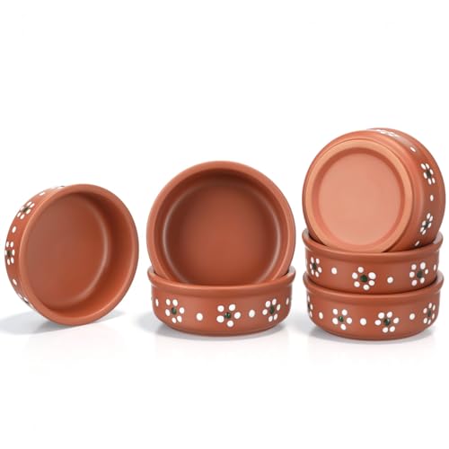 Remerry 6 Pcs Mexican Clay Bowls Set 4.33 Inch Floral Terracotta Traditional Clay Cooking Pots Plates and Serving Dish Platos De Barro Mexicanos Earthenware for Baking Yogurt Mexican Cuisine