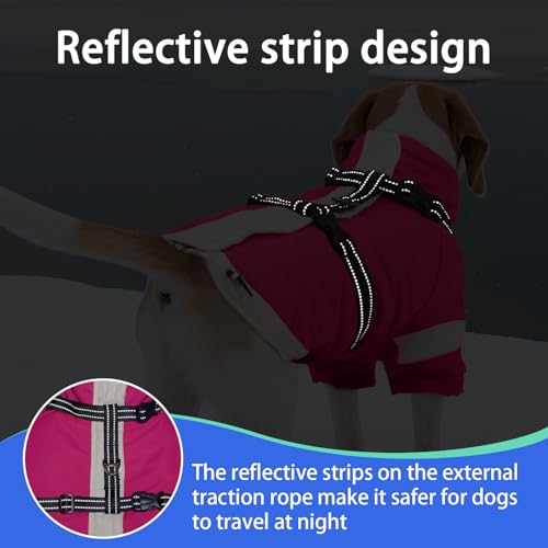Image of MIGOHI Snowproof Dog Jacket with Harness in a Chilly Day,S,Rosered | Reflective Small Dog Coat with Sleeves Waterproof Fleece Winter Puffer Jacket for Dogs,Turtleneck Puppy Coats for Outdoor