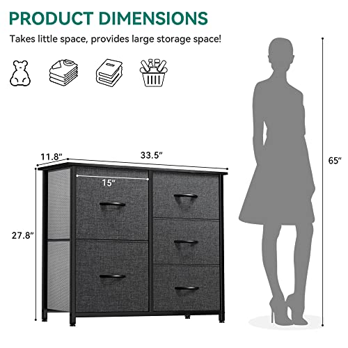 YITAHOME Dresser for Bedroom with 5 Drawers, Wide Bedroom Fabric Dresser with Storage Bins, Clothes Cabinet for Bedroom, Living Room, Hallway, Black Grey