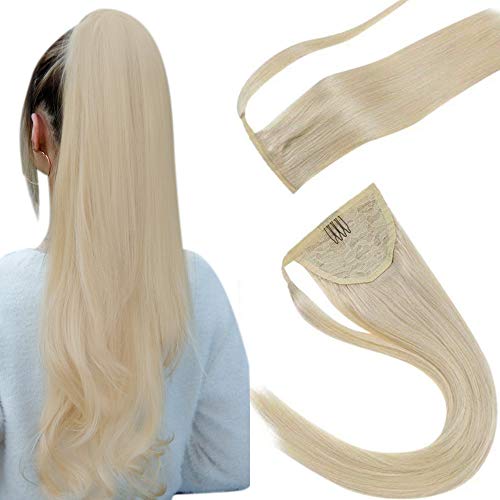 Clip in Ponytail Real Hair LaaVoo #60 Platinum Blonde Pony Tail Hair Extensions Silky Straight Real Ponytail Extension Clip in Blonde Human Hair Wrap Around 16Inch 80g Remy Human Hair