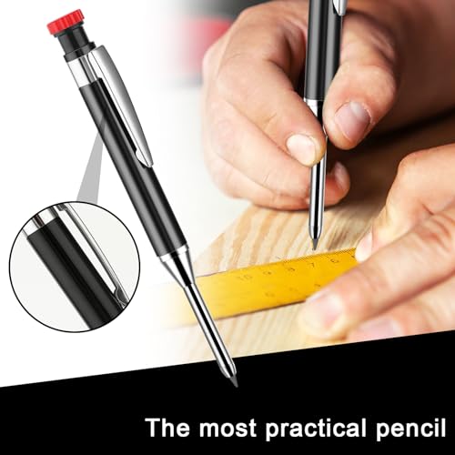 Amabro Mechanische Zimmermannsbleistifte mit integriertem Spitzer, solide Holzbearbeitungsstifte mit 9 Ersatzminen Tieflochmarkierungswerkzeuge robuste Reißnadel (Schwarz)