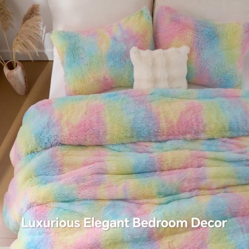 Image of BEDELITE Multi Pink Fluffy Comforter Set King, Fuzzy Faux Fur Comforter | Warm Fleece Shaggy Bedding for Winter, Soft & Cozy Plush Bed Set with 2 Pillowcases
