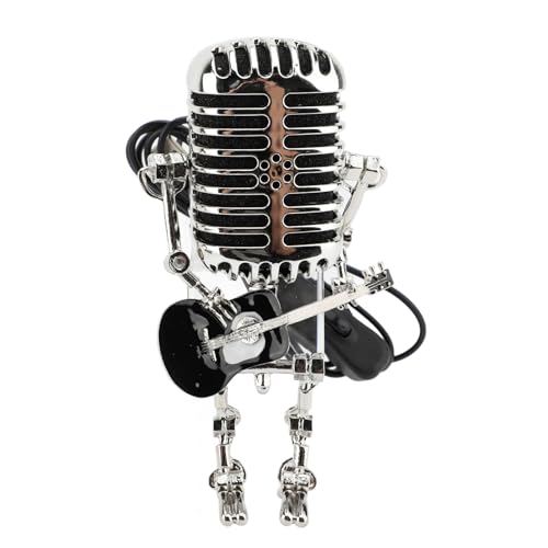 Srliya Vintage Microphone Guitar Robot Table Lamp Aluminum Retro Metal Robot Night Light for Bedroom Desk Home Decor (Black)