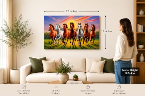 Image of 7 Horse Vastu Sunrise Canvas Painting | Positive Energy Wall Decor | Big Size Premium Running Horses Artwork for Home, Office & Hall Decoration (Modern, Brown Horse, 26x18 Inch)