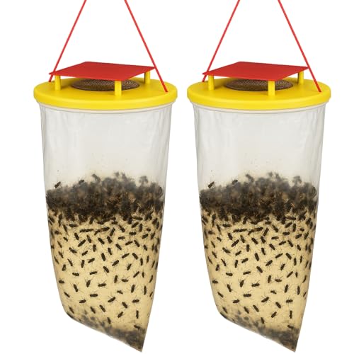 Fly Trap (Pack of 2) Outdoor Hanging Fly Catcher Bags with Bait Included Traps Flies Fruit Flies Insects & Bugs Ideal for Gardens & Bins Catches Thousands