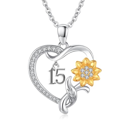 JUSTKIDSTOY 18 Year Old Girl Birthday Gifts/Sweet 15th/16th/21st/60th/80th Birthday Gifts for Daughter 925 Sterling Silver Sunflower Heart Pendant Necklace for Women Girlfriend Sister Christmas Anniversary Jewelry
