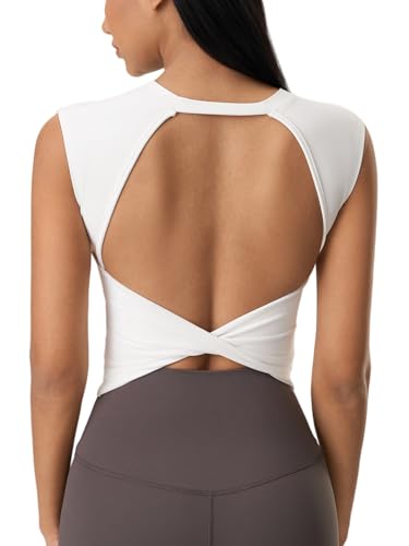 Image of ABOCIW Women Twist Back Workout Top with Built in Bra Cap Sleeve Pilates Yoga Crop Top Athletic Gym Shirt