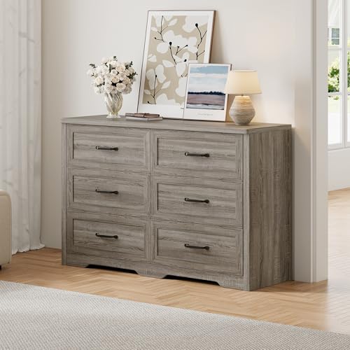 Ball & Cast Farmhouse 6 Drawer Dresser for Bedroom 47 W Modern Chest of Drawers with Metal Handles Wood Dresser TV Stand Dresser Drawer Organizer for Closet Living Room Hallway Gray