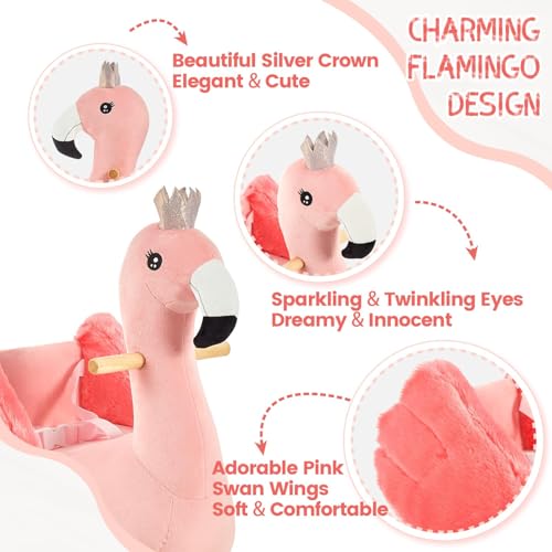FUNLIO Flamingo Baby Schaukelpferd für Kleinkinder von 6 Monaten bis 3 Jahren, süßer und graziler rosa Schwan-Rocker für Mädchen, gefülltes Plüsch-Reittier, einfach zu montieren