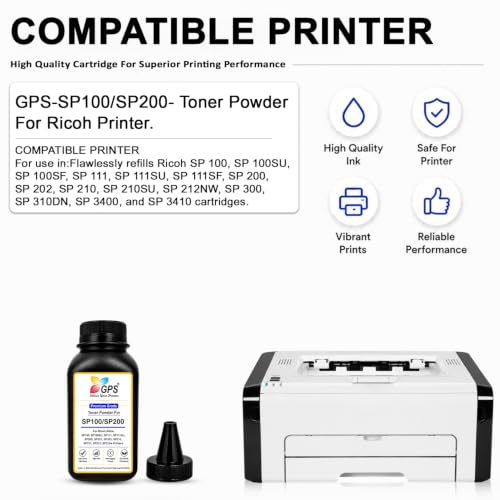 Image of GPS SP100 Toner Refill Powder Compatible for Ricoh SP100, SP111, SP111SU, SP200, SP210SU, SP310DN | Black | Pack of 4 (100g x 4) | Page Yield: 6,000 Pages Total