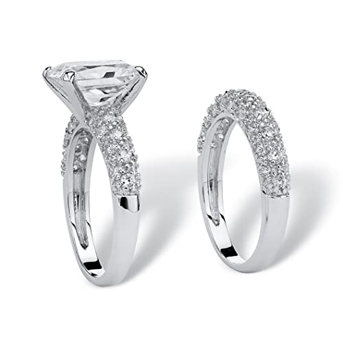 PalmBeach Jewelry Platinum Plated Emerald Cut and Pave Set Cubic Zirconia 2 Piece Bridal Ring Set2