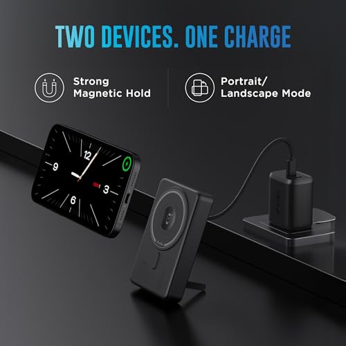 Image of URBN Slide Pro MagSafe 4-in-1 Wireless Power Bank 10000mAh with Kickstand | Designed for iPhone 12+, Apple Watch, AirPods & Qi Devices | MagTag Ring Included (Black)