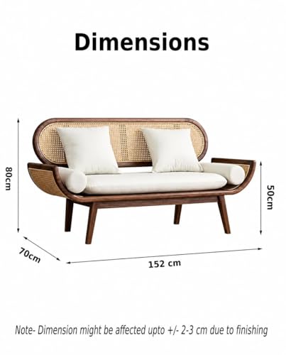 Image of Modern Rattan Cane Sofa with Curved Arms Wooden Frame, Beige Cushions and Throw Pillows Sofa for Living Room, Bedroom, Hallways (2 Seater)