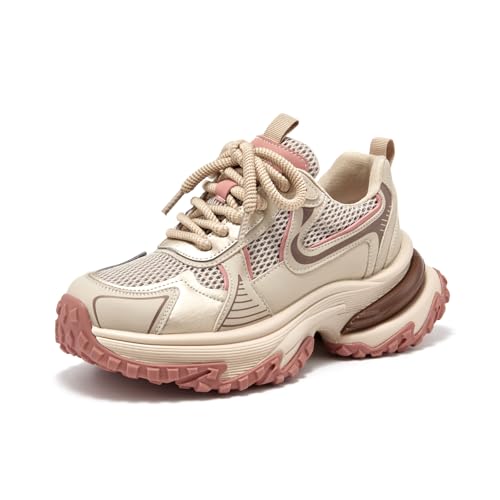 Image of BEAU TODAY Chunky Sneakers for Women, Womens Fashion Sneakers, Lightweight Leather Sneakers for Women, Comfortable Casual Lace-Up Breathable Dad Shoes
