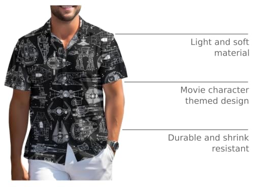 Image of 99TIMORO Warship Hawaiian Shirt, Xmas Gift, Wars Movie Button Short Sleeve Top, Character Theme, Holiday Outfits, Black Space Pattern