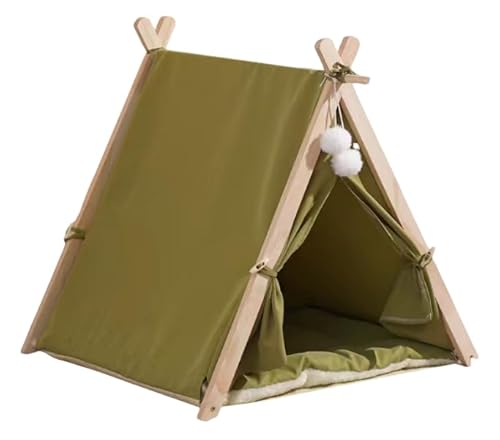 ペットハウス、猫ベッド、キャットハウス、ペットテント、小型犬用ベッド、クッション付きペットベッド、洗える、木製、かわいい、おしゃれ (グリーン)