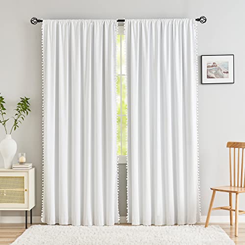 Image of Treatmentex White Blackout Curtains for Living Room Bedroom 84inch Long Pom Pom Curtain Panels for Windows Thermal Insulated Curtains for Kids Nursery Room Rod Pocket 52 inch W x 2pcs