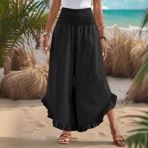 Palazzo Pants for Women Casual Linen Boho Ruffle Hem Travel Trousers Smocked Waist Flowy Beach Vacation Wide Leg Pant4