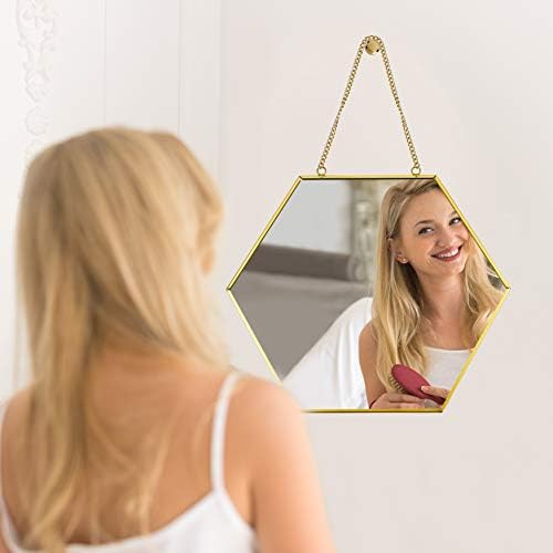 PARNOO 9.5-Inch Hexagonal Wall Mounted Mirror with Chain & Rose Gold Frame | Decorative Hanging Mirror for Bedroom, Living Room