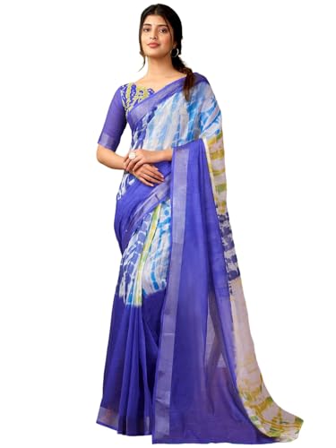 Image of Satrani Women's Linen Printed & Zari Border Ready To Wear One Minute Pre Pleated Readymade Saree with Unstitched Blouse Piece