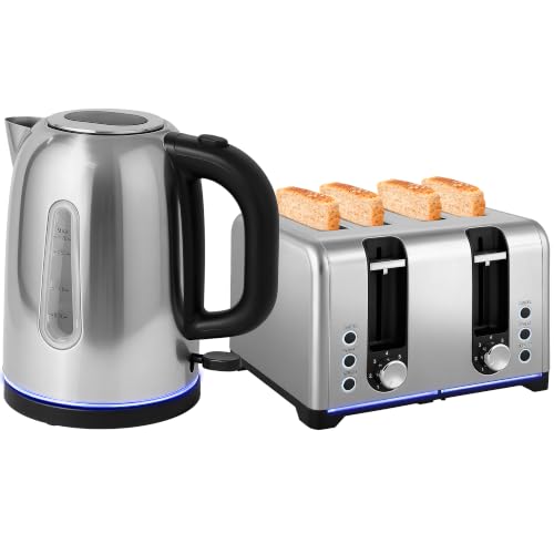Image of HOMCOM Kettle and Toaster Set, 1.7L 3000W Rapid Boil, 4 Slice, Silver Tone