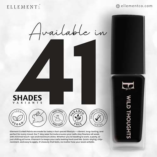 Image of Ellement Co Wild Thoughts Nail Paint 10 ML | Deep Black Nail Colour with High Gloss Finish | Long Lasting & Chip Resistant Formula | Smooth Professional Application | Vegan, Non-Toxic & Paraben Free Nail Polish for Bold, Goth, Party, Night Looks & Statement Glam