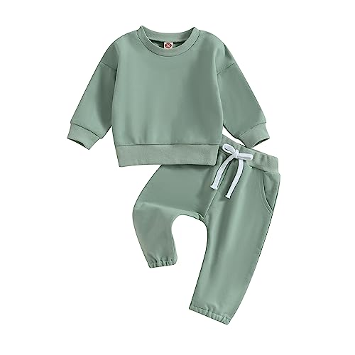 Image of Veurshop 2PCS Toddler Boy Girl Fall Outfit Unisex Baby Solid Color Clothes Long Sleeve Sweatshirt Tops Drawstring Pants Sets (Green, 0-6 Months)