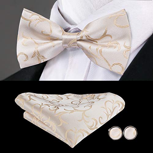 Image of Hi-Tie 5Pcs Mens Solid Color Silk Tie Satin Pretied Bowtie Lapel Pin for Men Handkerchief Cufflink Wedding Gift Box