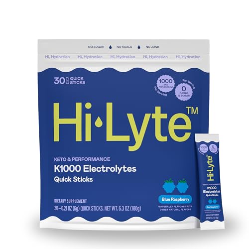 Image of Hi-Lyte K1000 Blue Raspberry Electrolytes Powder Packets, 30 Servings - 1000mg Potassium + Magnesium, Sodium, Trace Minerals - 0 Carbs, 0 Sugar