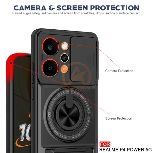 Image of Realme P4 Power 5G Back Cover | Armor Camera Slider 360 Degree Rotating Finger Ring Holder Case with Bracket Stand Back Case Cover (Compatible with MagSafe Accessories) (Black)