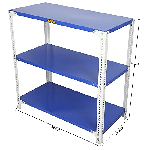 Image of Mil-Nil Prime CRC Sheet 3 Shelf Multipurpose Slotted Angle Rack, 36 x 36 x 18 Inch, 18 Gauge [(Blue-White) Powder Coating] 14 Gauge Angles