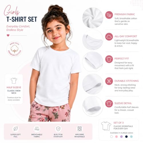 Image of Kids Round Neck Girls Tshirt | Short Sleeves | Natural Organic 100% Cotton Soft Comfortable Fabric | Plain Color Original Branded Half Sleeve | School t-Shirt for Girl Kid | Sleepwear Everyday Casual